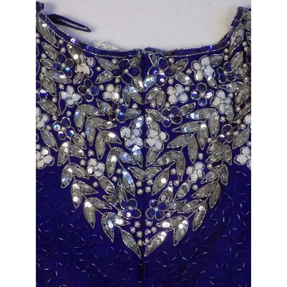 VTG D'Albert Sequin Beaded Blouse Eveningwear Blue Flower 80s 100% Silk - Picture 3 of 9